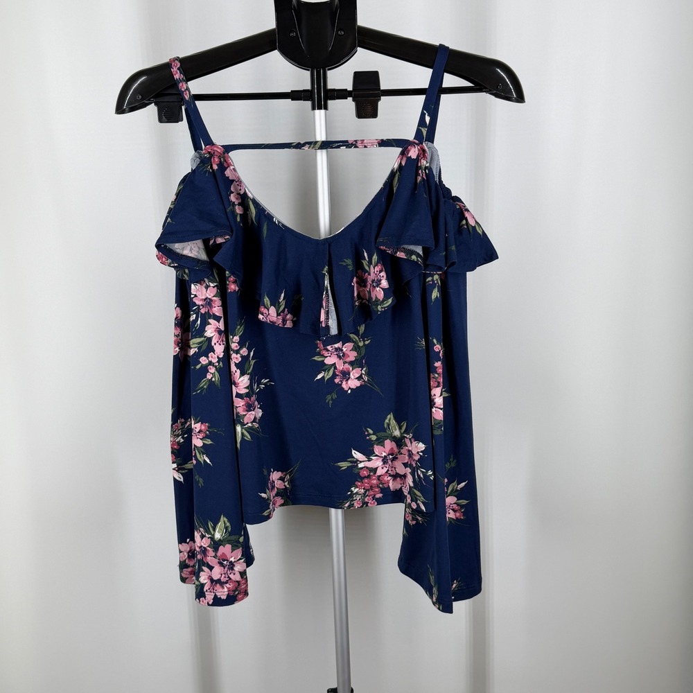 Navy Blue Floral Cold Shoulder Ruffle Bell‎ Sleeve Top Blouse Pink Flowers M
